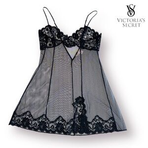 Victoria's Secret Y2K Black Sheer Lace Baby Doll Chemise